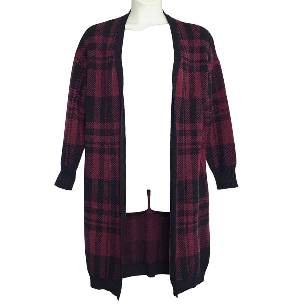 M Magaschoni Plaid Cardigan Large Black Burgundy Open Front Duster Thick
